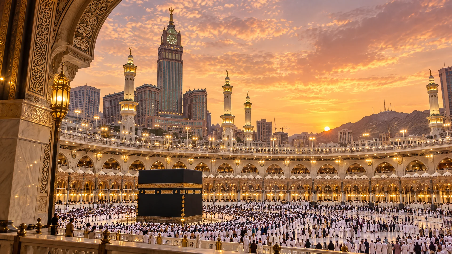 الكعبة المشرفة وبرج الساعة ومآذن المسجد الحرام وقت الغروب